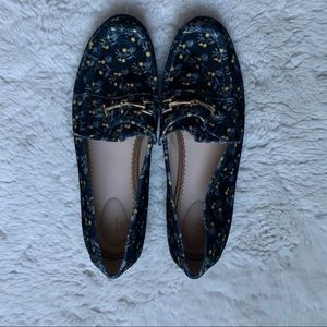 Navy Blue Printed Suede Loafers